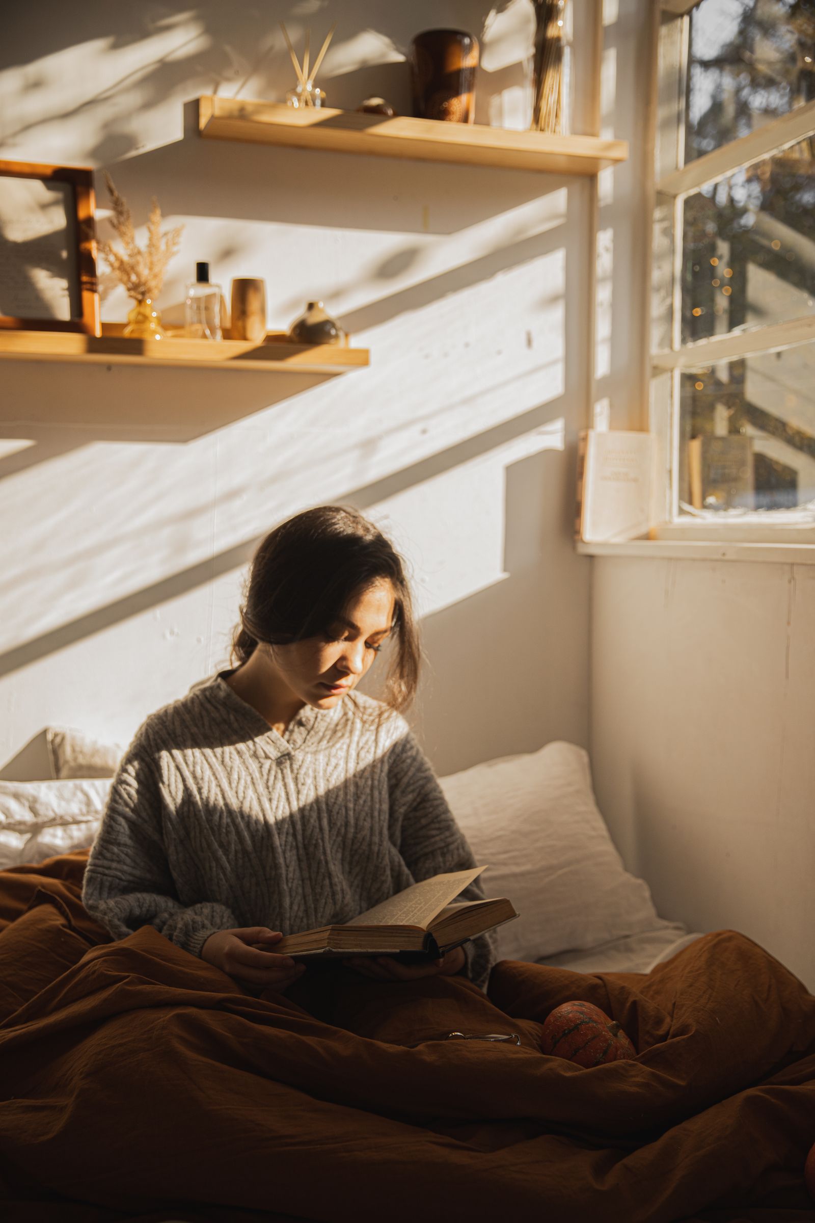 Personne consultant un livre religieux le matin